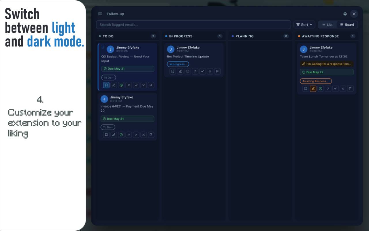 Kanban board in dark mode