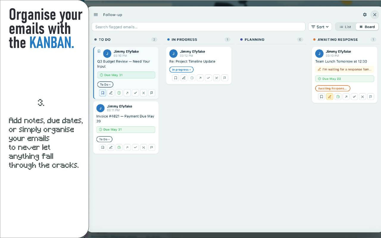 Kanban board with flagged emails